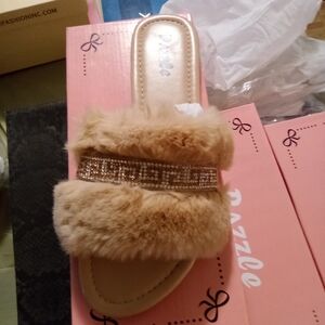 Dazzle Tan Fur Slide Sandals with Rhinestones